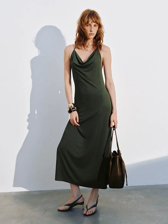 Elegant Modal Blend Halter Cowl Neck Midi Dresses