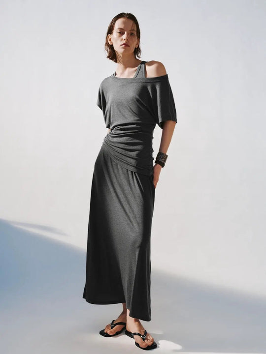 Boat Neck Strappy Draped Midi Dresses