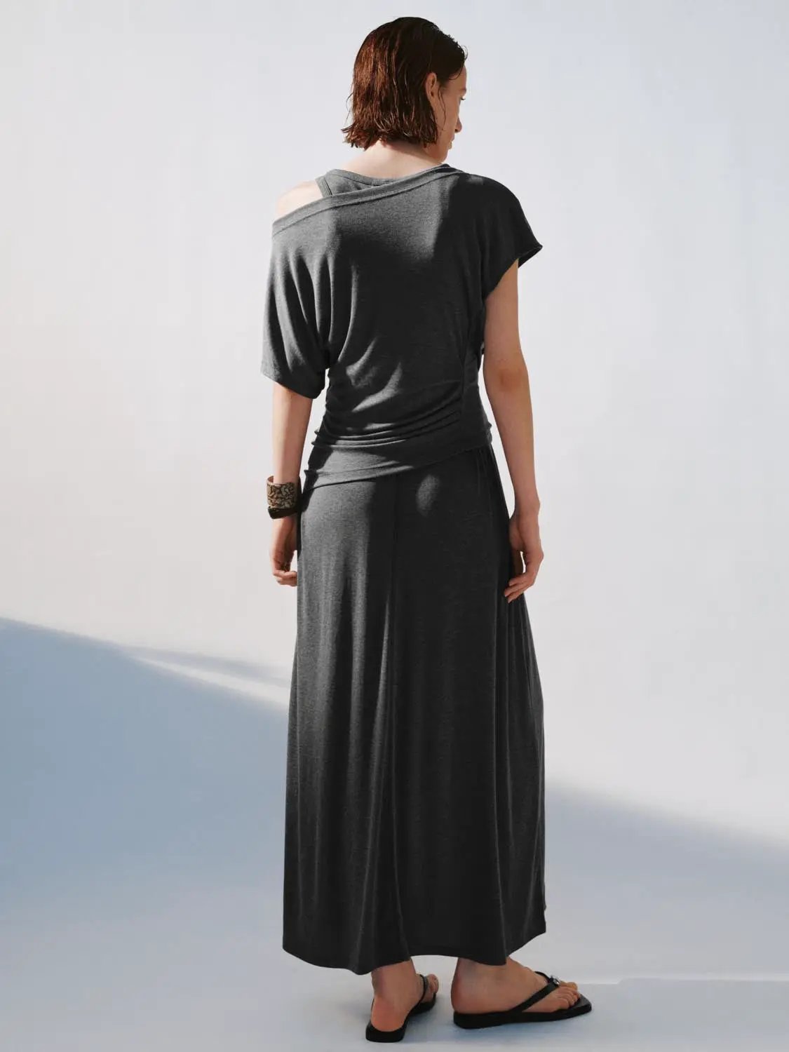 Boat Neck Strappy Draped Straight Midi Dress by Urban Revivo Fashion in dark gray.