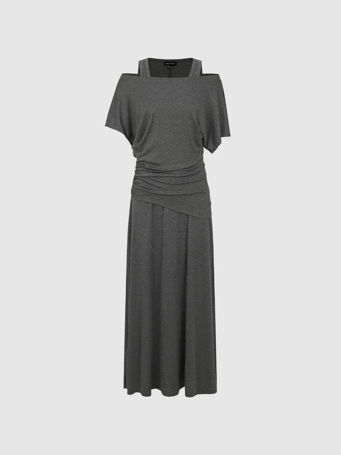 Boat Neck Strappy Draped Straight Midi Dress by Urban Revivo Fashion, gray