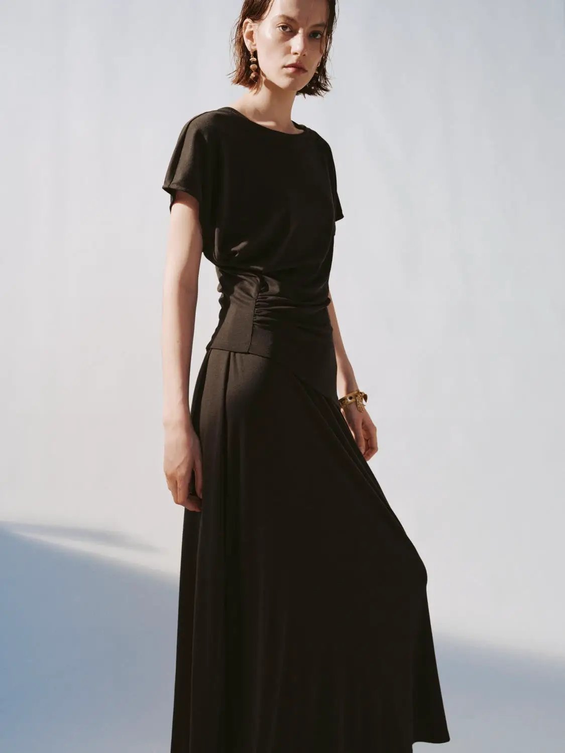 Boat Neck Strappy Draped Straight Midi Dress in black by Urban Revivo Fashion