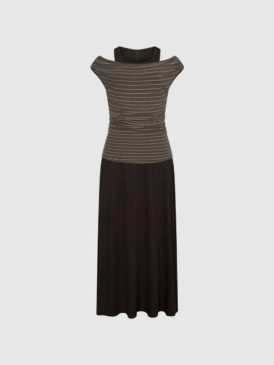 Two-Piece Contrast Striped Sleeveless Stretch Knit Midi Dresses