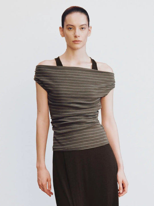 Two-Piece Contrast Striped Sleeveless Stretch Knit Midi Dress