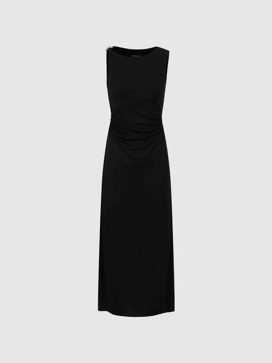 One Shoulder Shirred Sleeveless Stretch Midi Dresses