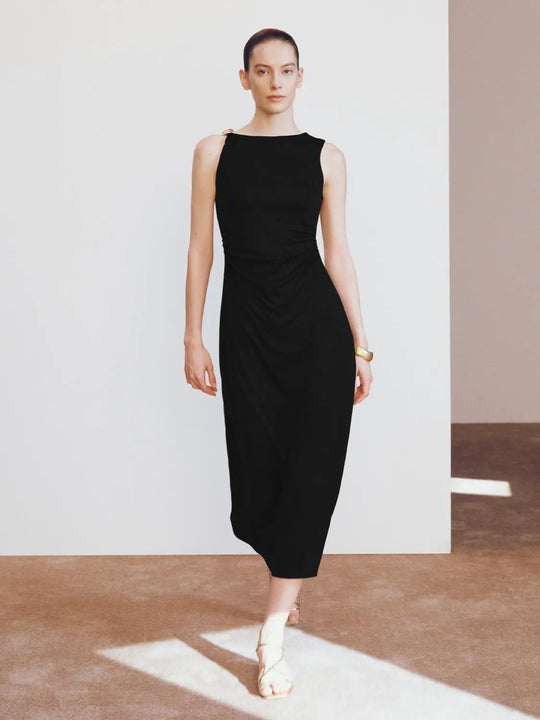 One Shoulder Shirred Sleeveless Stretch Midi Dress
