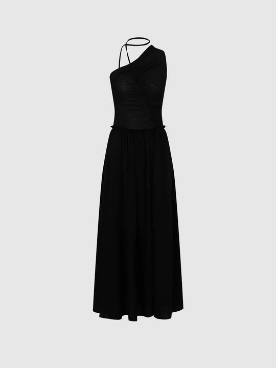 One Shoulder Sleeveless Seamed A Line Midi Dress With String Detail