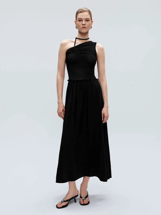 One Shoulder Sleeveless Seamed A-Line Midi Dress With String Detail