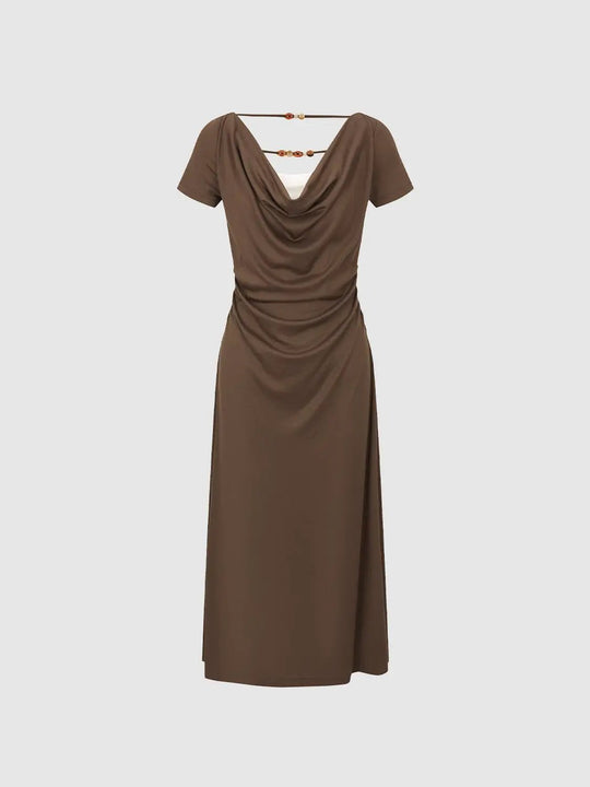 Elegant Cowl Neck Ruched Straight Midi Dress