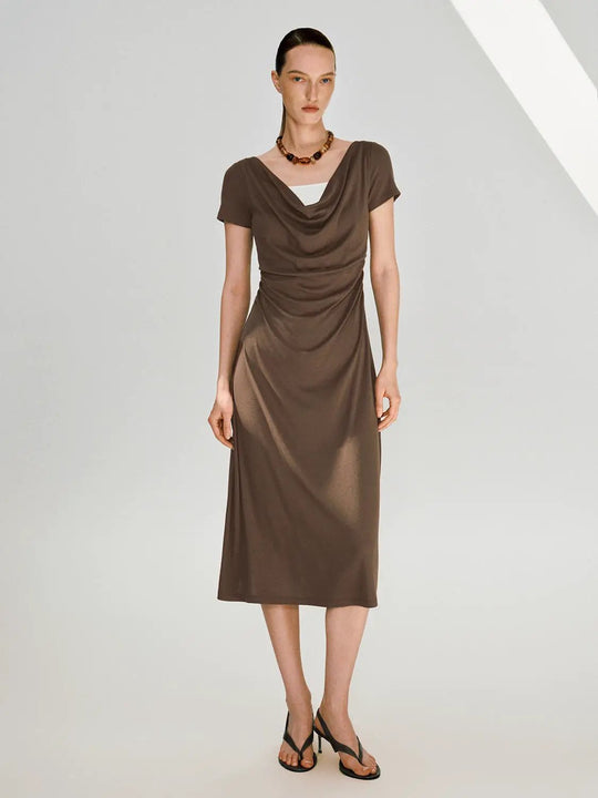 Cowl Neck Ruched Straight Midi Dress