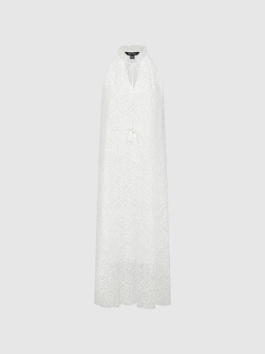 Embroidered Tassel Detail Sleeveless Guipure Lace A Line Midi Dresses