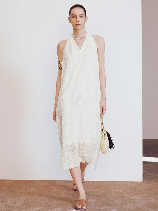 Embroidered Tassel Detail Sleeveless Guipure Lace A-Line Midi Dresses
