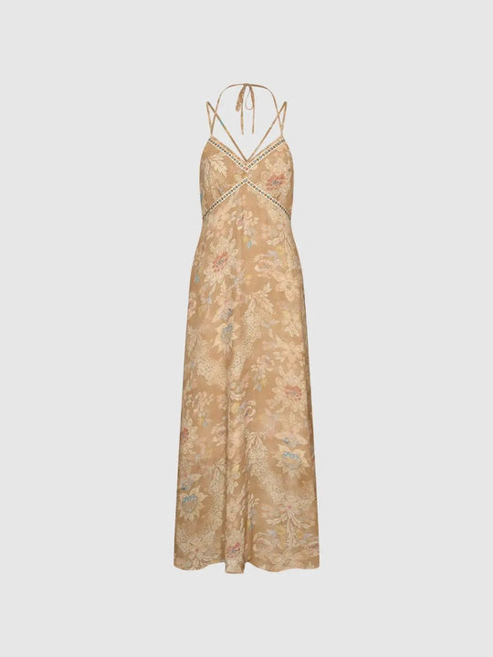 Halter Neck Strappy Open Back A Line Midi Dresses For Summer Events