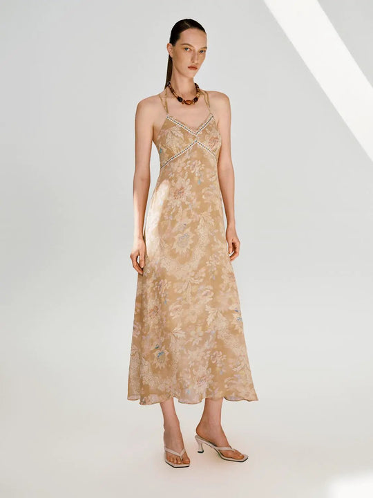 Halter Neck Strappy Open Back A-Line Midi Dress For Summer Events