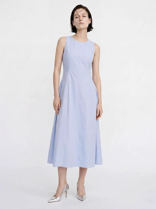 Sleeveless Pleat Detail Cotton A-Line Midi Dresses