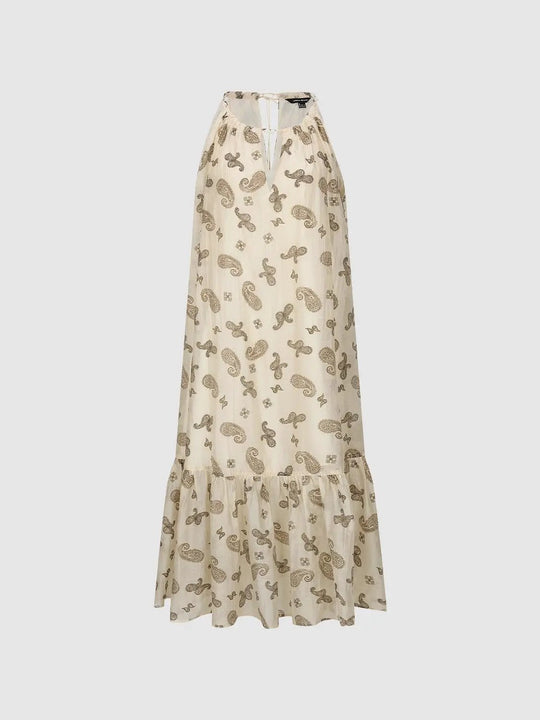 Beige Paisley Print Cotton A-Line Midi Dresses