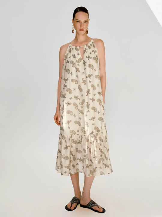 Beige Paisley Print Cotton A-Line Midi Dresses