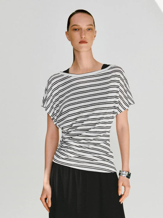 Lyocell Striped 2 In 1 One Shoulder Straight Midi Dresses