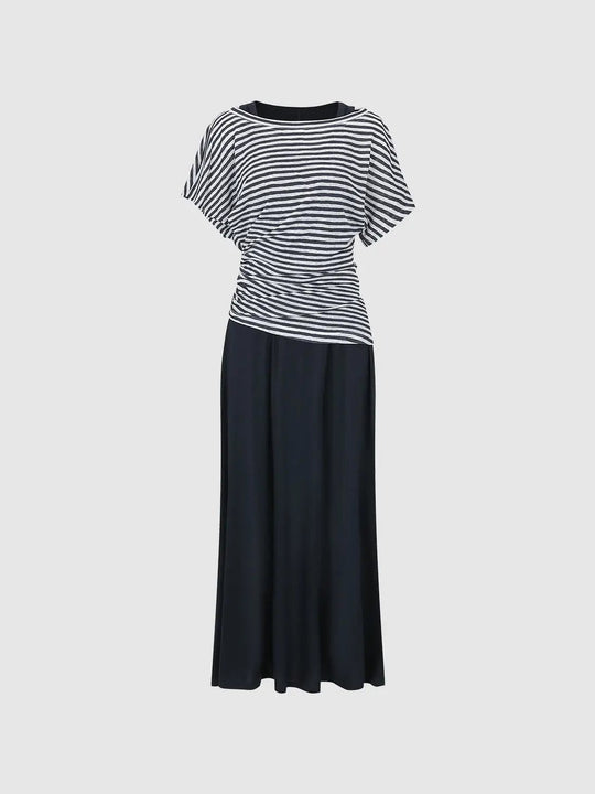 Striped Knit Flattering Ruched Waist Effortless Chic Straight Maxi Dresses