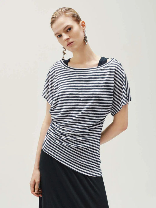 Striped Knit Flattering Ruched Waist Effortless Chic Straight Maxi Dress