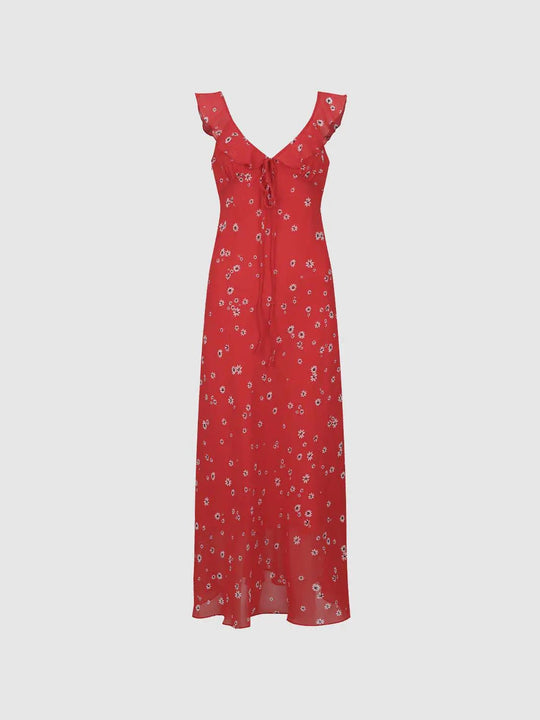 Ruffle Strap Floral V-neck Tie Front Maxi Dress