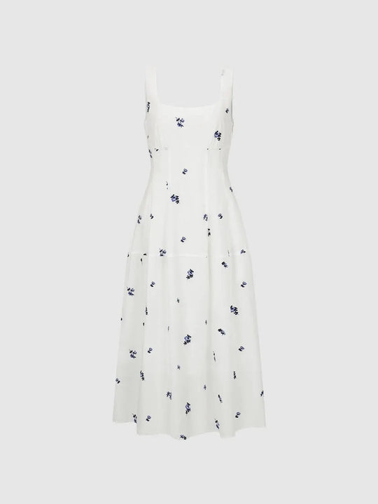 Cotton Embroidered Scattered Floral A-Line Maxi Dresses