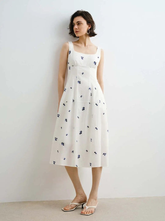 Cotton Embroidered Scattered Floral A-Line Maxi Dress