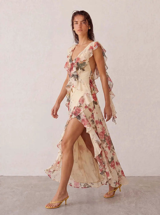 Floral Print Layered Ruffles With Asymmetric Hem And Lightweight Silhouette Dress