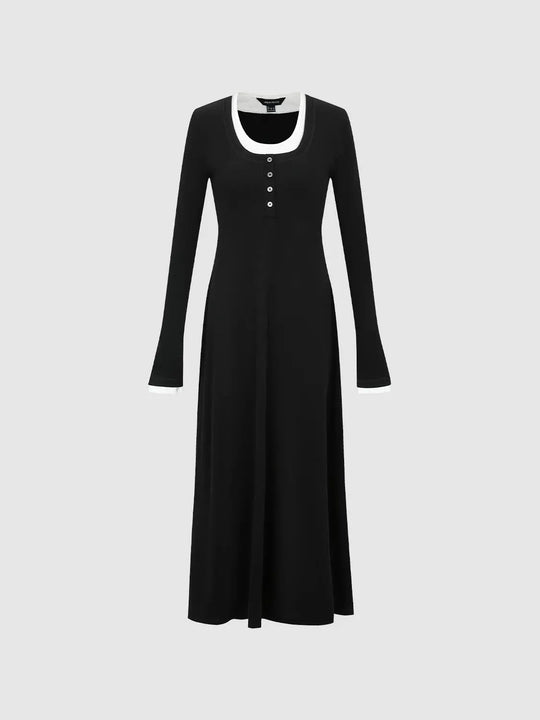 Contrast Trim Button Front A-Line Cotton Blend Maxi Dress