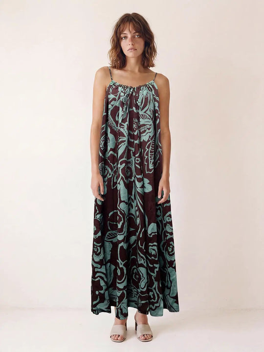 A-line Floral Print Maxi Spaghetti Strap Dress