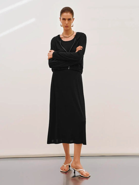 Long Sleeve V-neck Zip Front Dress