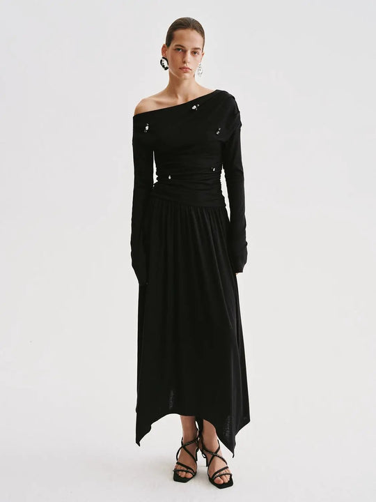 Ruched Long Sleeve Asymmetric Hem One Shoulder Decorated Maxi Dress