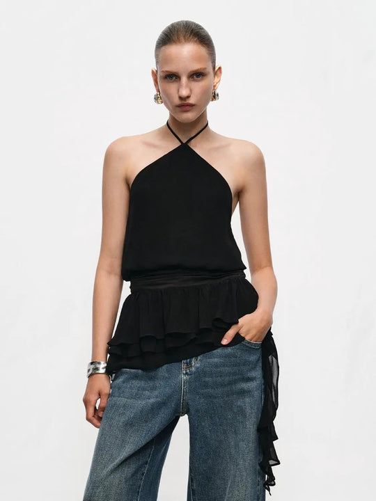 Halter Neck Evening A-line Tiered Ruffle Dress