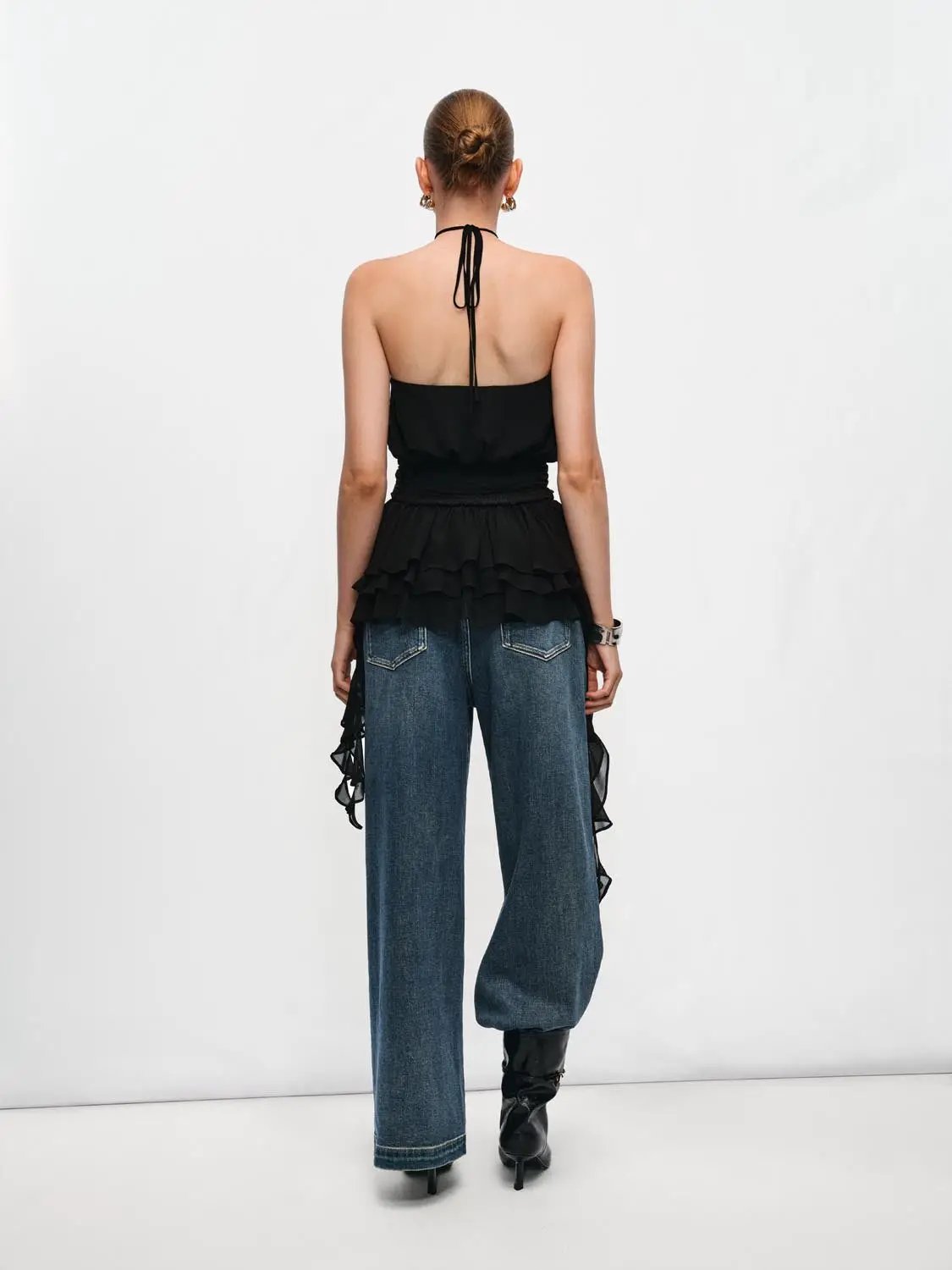 Halter Neck Evening A-line Tiered Ruffle Dress, black, back view on model