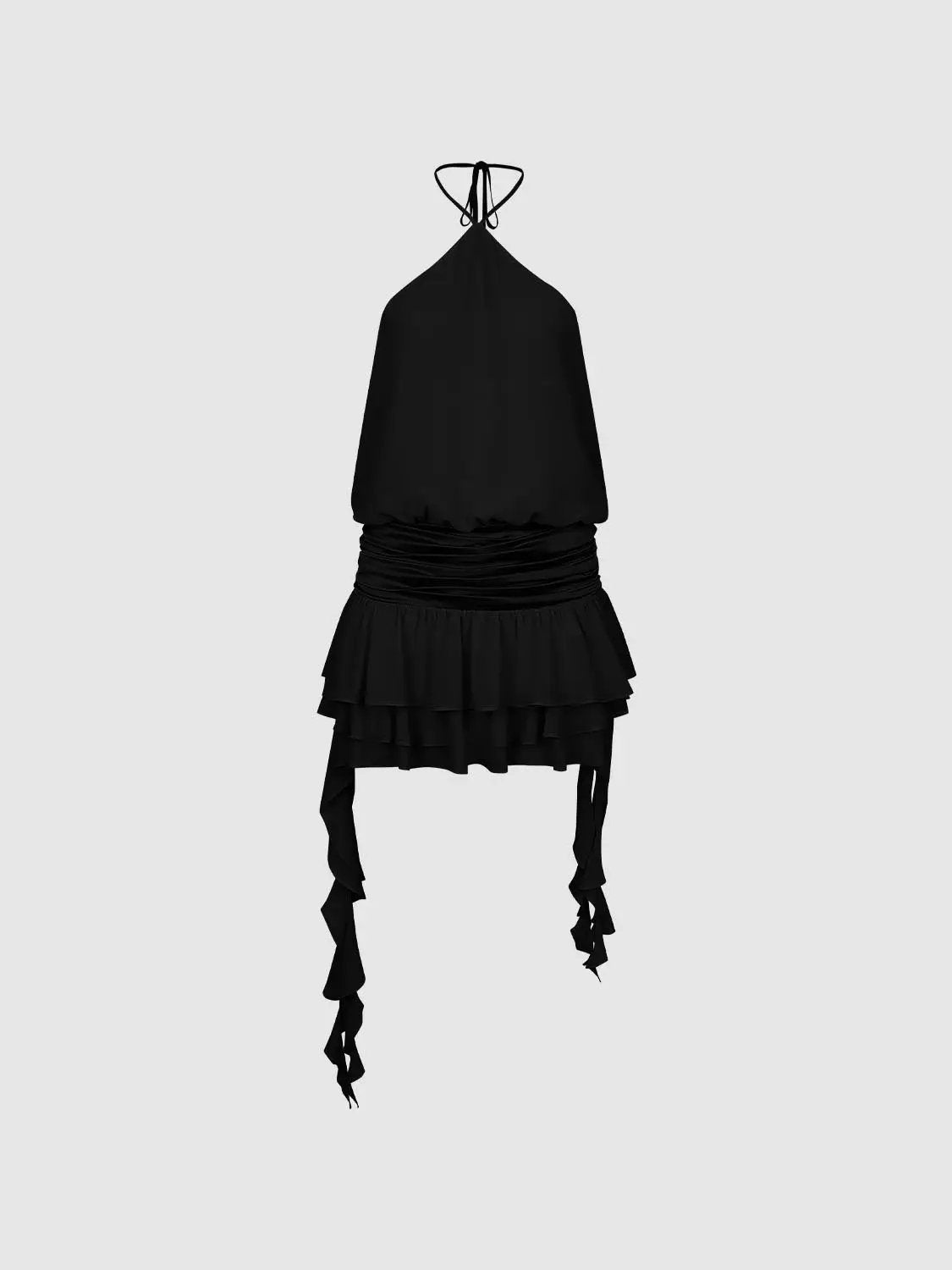 Halter-neck evening A-line dress in black with tiered ruffle skirt by Urban Revivo Fashion.