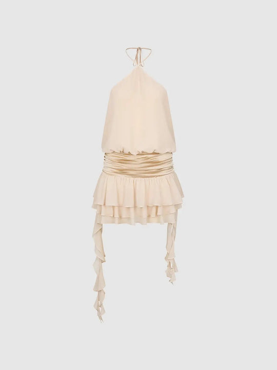 Halter Neck Ruched Waist Layered Ruffle Dress