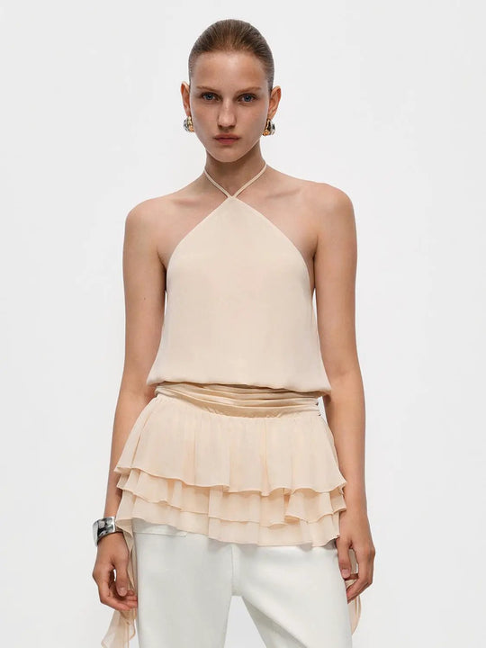 Halter Neck Ruched Waist Layered Ruffle Dress