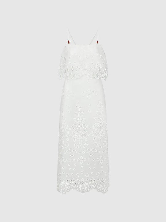 Scalloped Hem Floral Eyelet Ruffle A-Line Dress