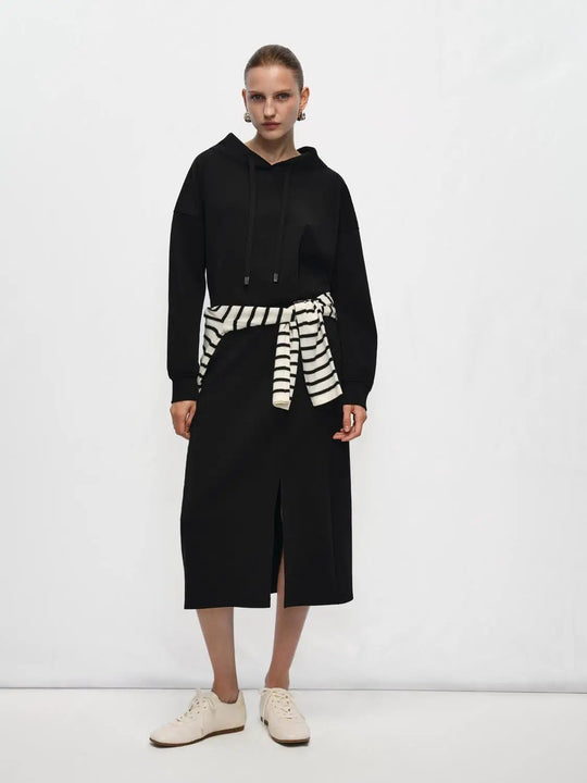Straight Hooded Long Sleeve Cotton Blend Maxi Dress