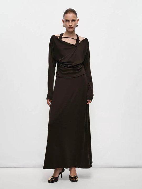 Cutout Neck Drape Waist Long Sleeve Dress