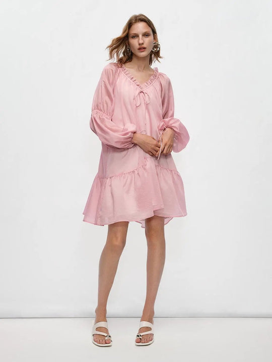 A-line Puff-Sleeve Tie Neck Lyocell Blend Dress
