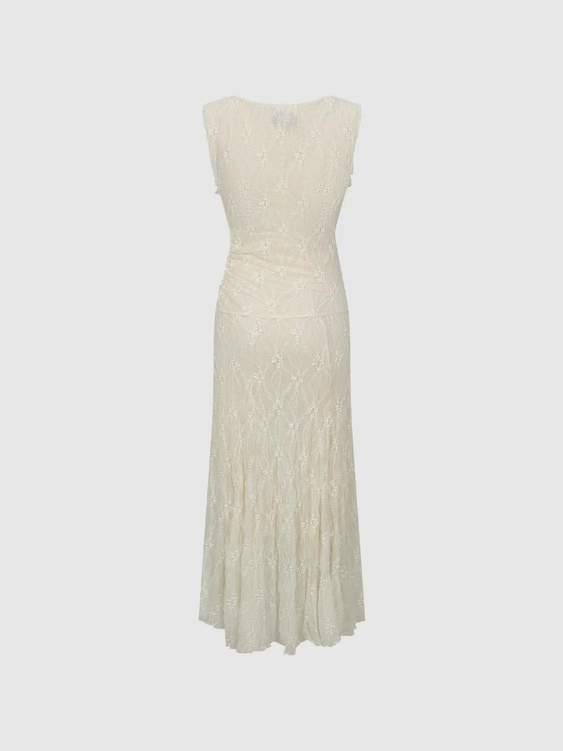 A-Line dress in ivory lace, sleeveless, floor-length.