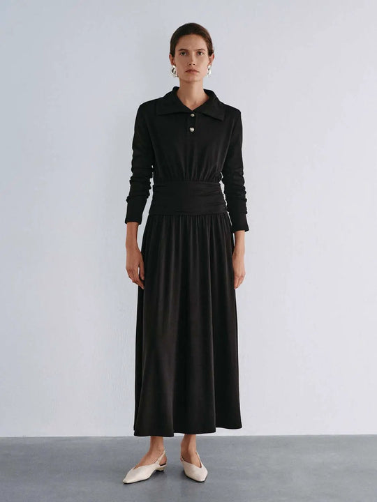 Long Sleeve Polo Collar Wrap Waist Maxi Dress