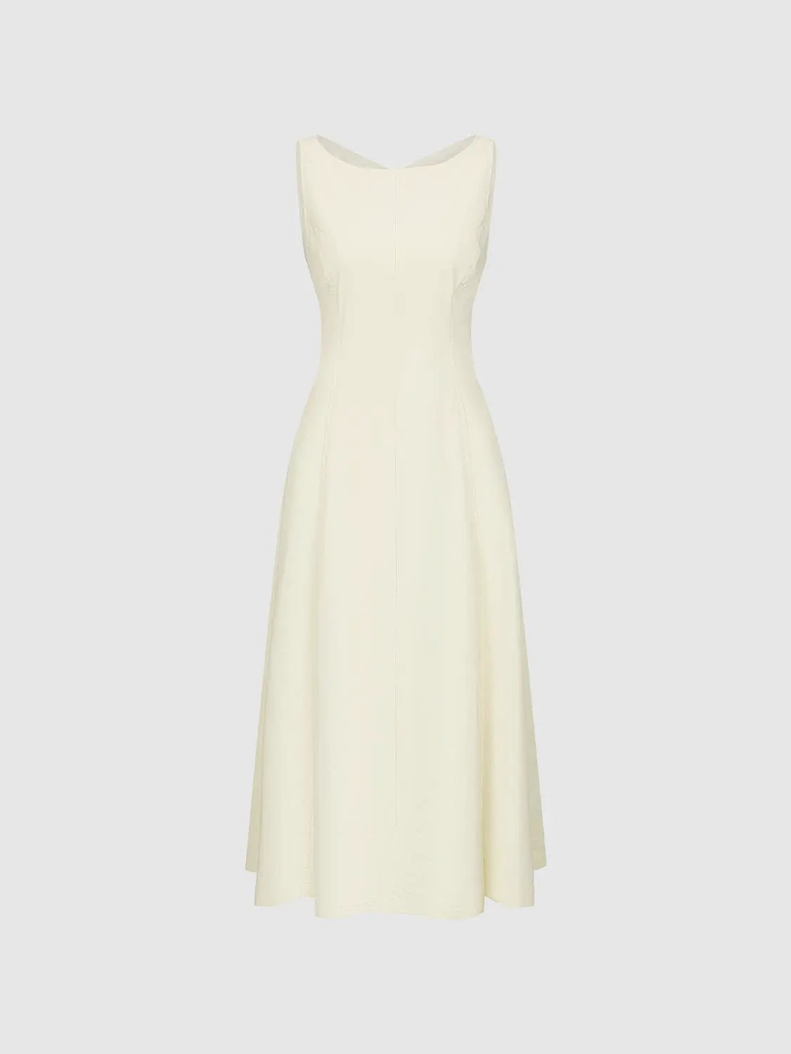 A-line dress, cream color, sleeveless, floor-length