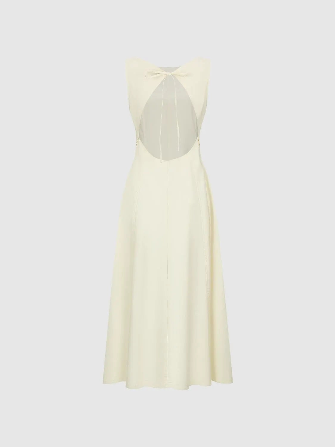 A-Line ivory satin floor-length dress with back oval cutout and bow at the top