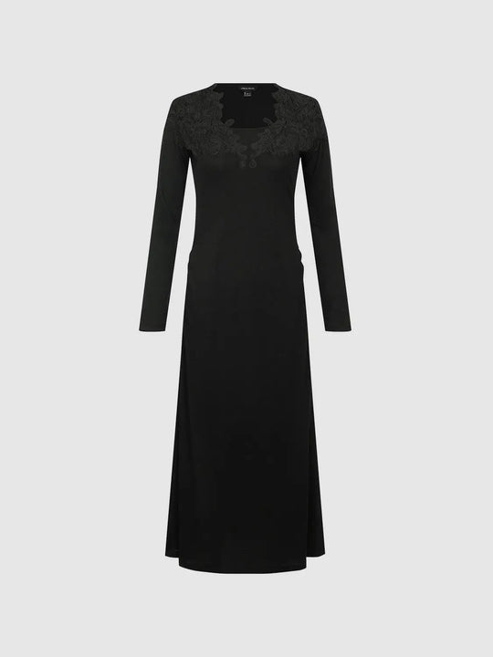 Lace Detail A-Line Long Sleeve Maxi Dress