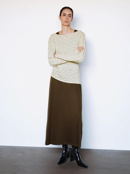 Striped Ruched Long Sleeve Pleated Maxi Dress