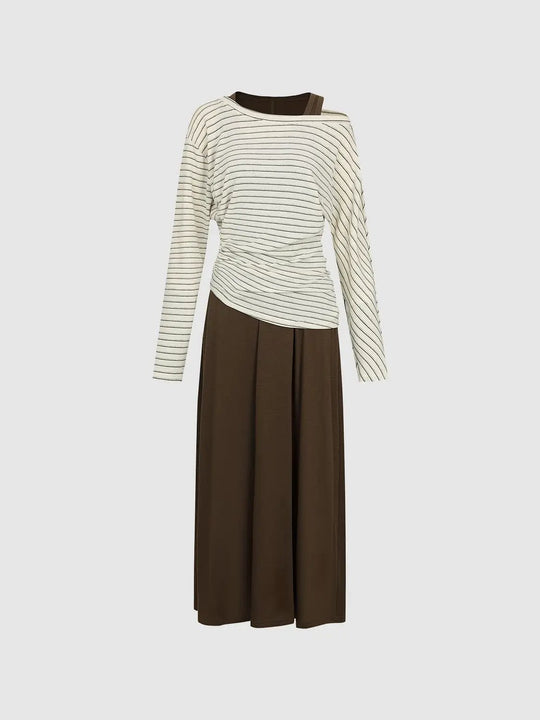 Striped Ruched Long Sleeve Pleated Maxi Dress