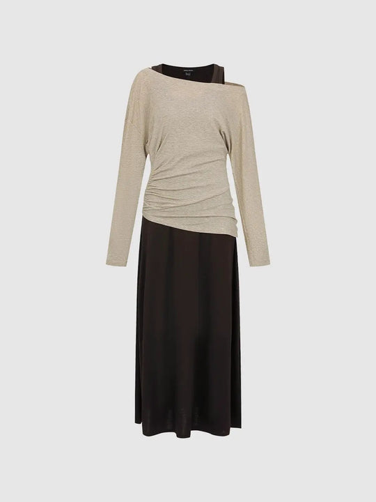 Ruched Asymmetric Long Sleeve A-Line Maxi Dress