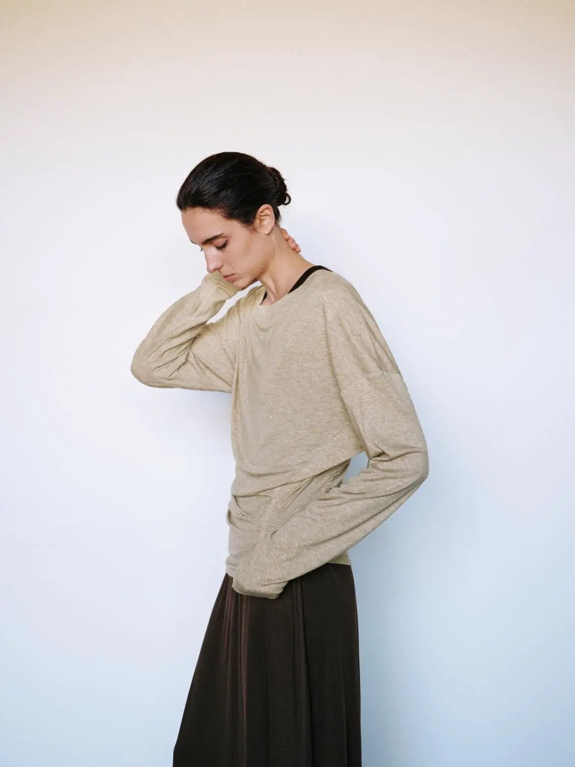 Ruched asymmetric long-sleeve A-line maxi dress in beige by Urban Revivo Fashion