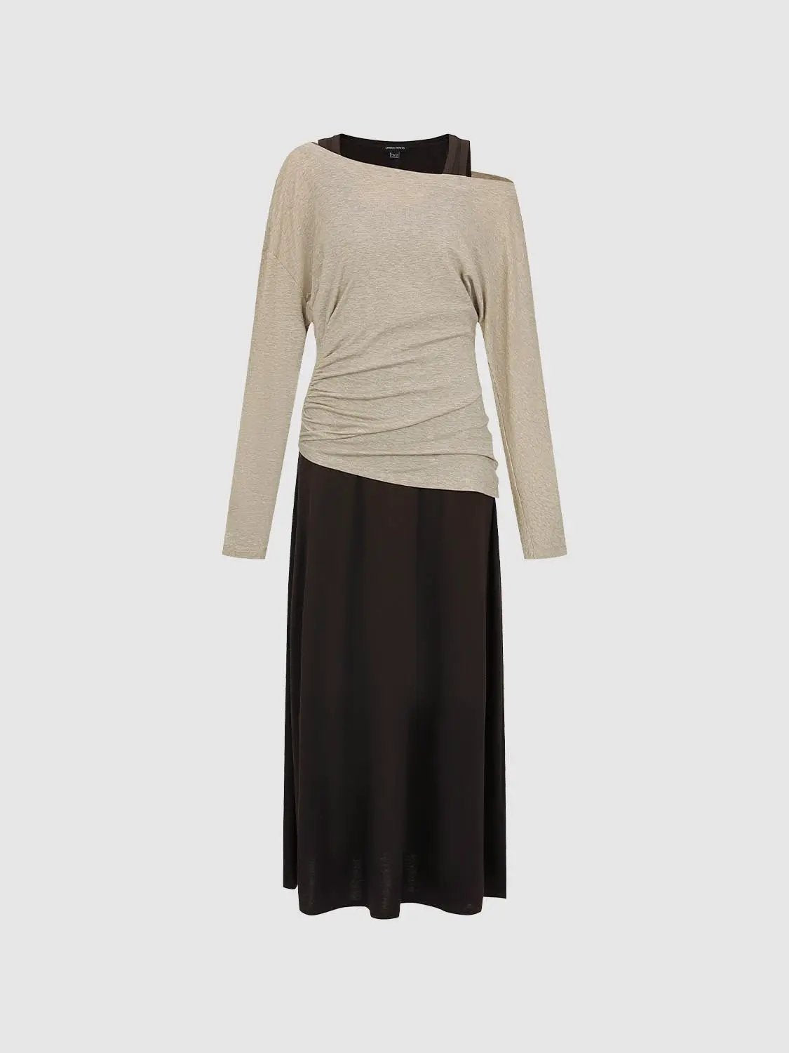 Ruched asymmetric long-sleeve A-line maxi dress in beige with a black skirt, Urban Revivo Fashion